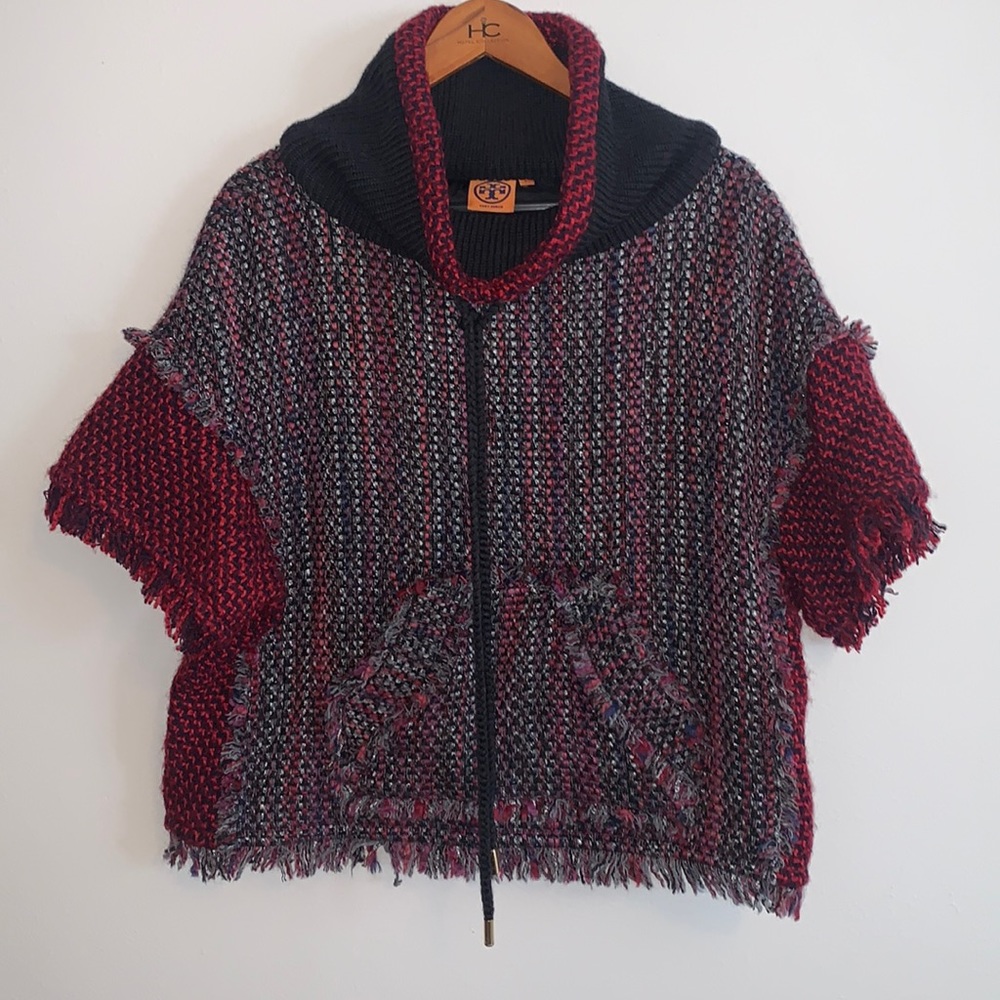 Tory Burch tweed funnel neck short sleeve sweater.  Lined.  Red, gray, purple, L